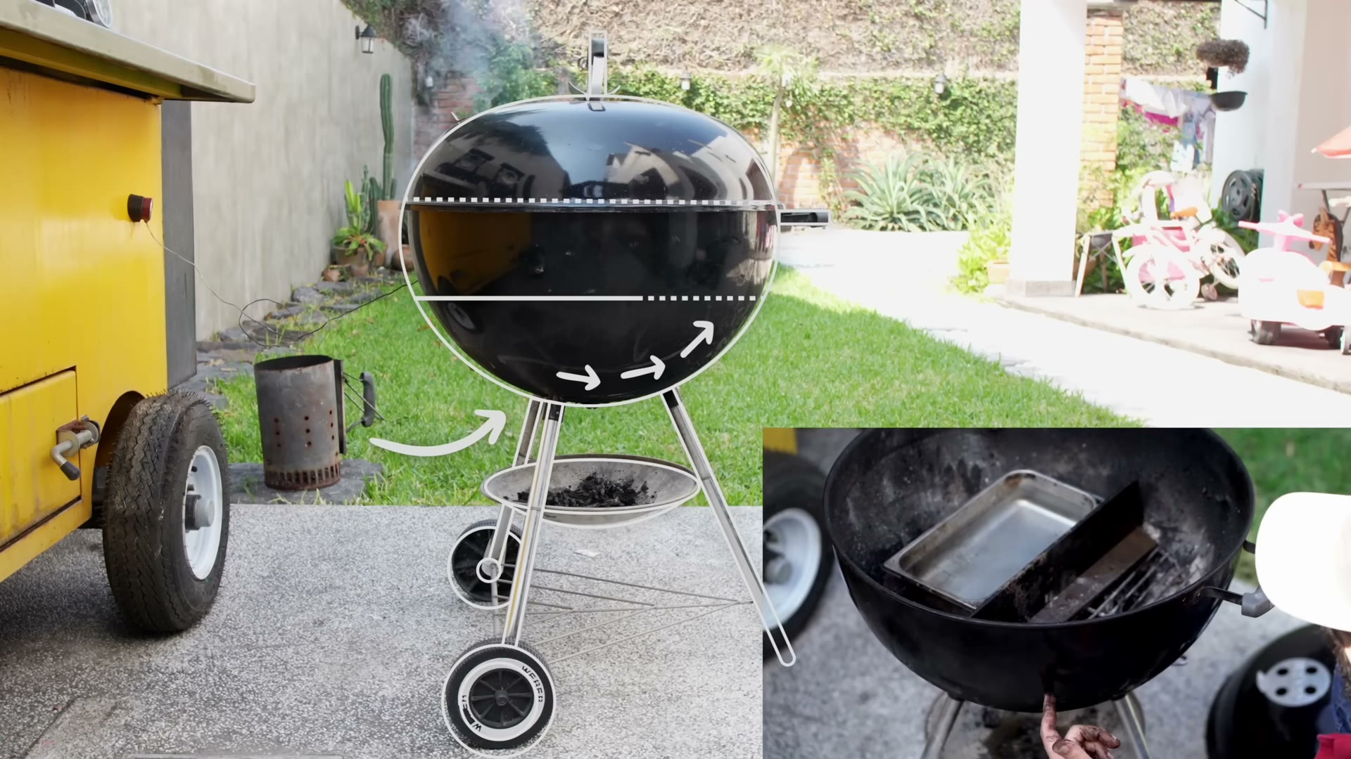 Charola de agua y placa difusora instaladas dentro del Weber